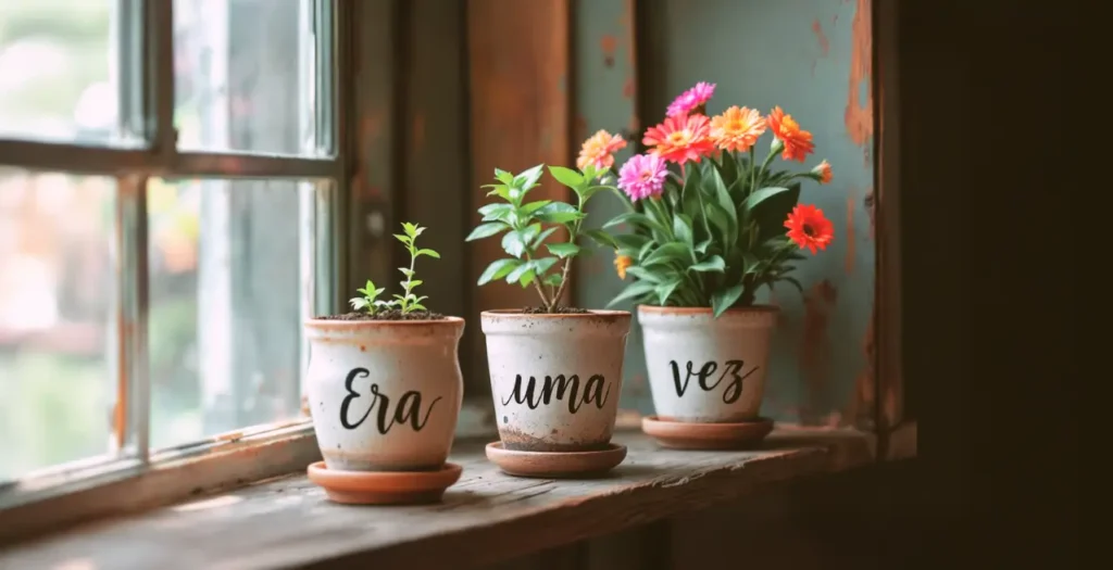 Três vasos de cerâmica rústicos alinhados em uma janela, com as palavras 'era', 'uma' e 'vez' gravadas em cada um. O primeiro vaso tem um broto, o segundo uma planta crescendo e o terceiro uma planta florida.