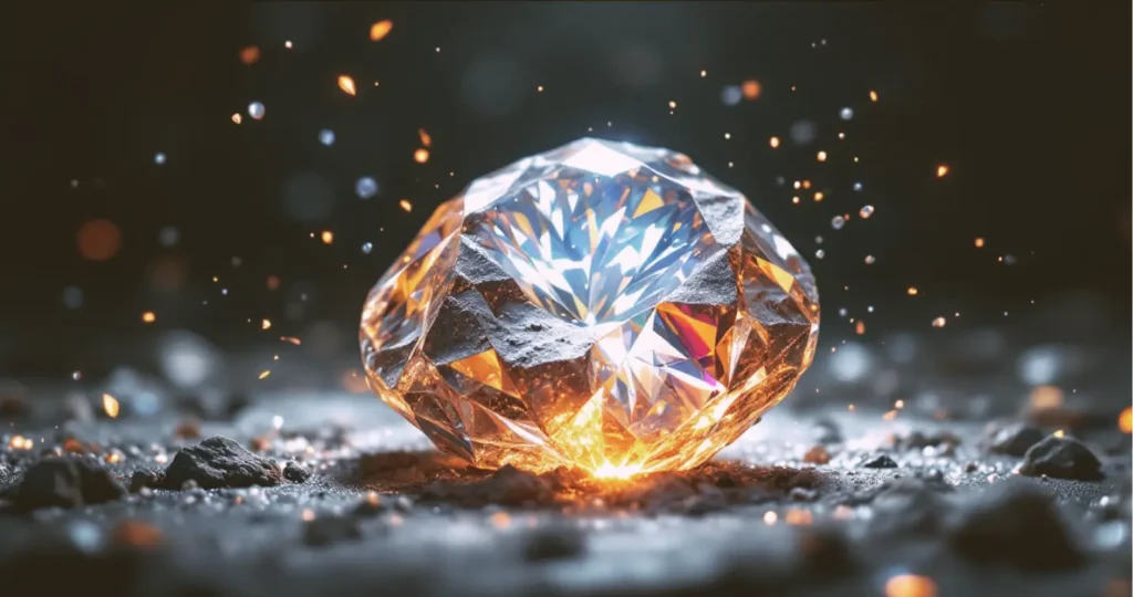 Mãos segurando terra escura, com um diamante brilhante em destaque no centro. Pequenos brotos verdes emergem do solo e sujeira de terra cobre parcialmente as mãos e o diamante.