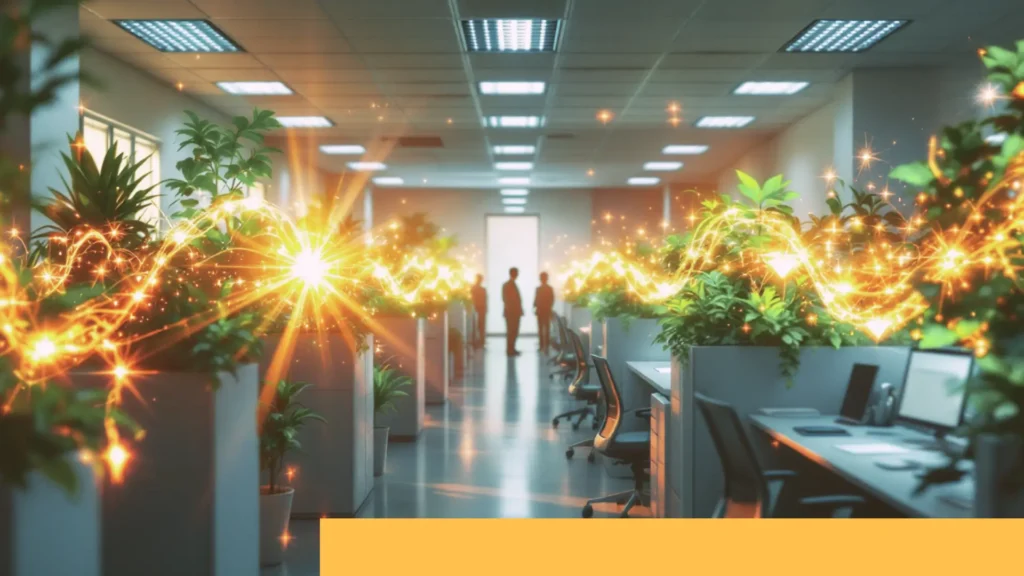 Escritório corporativo frio e cinzento sendo transformado por uma onda de energia luminosa que se espalha, substituindo cubículos por plantas verdes exuberantes, luz solar quente e diamantes cintilantes, simbolizando a revitalização e crescimento.