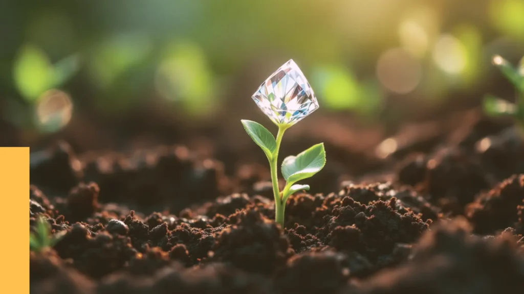 Um broto verde emergindo do solo escuro, com a parte superior da planta se transformando em um diamante lapidado e brilhante.