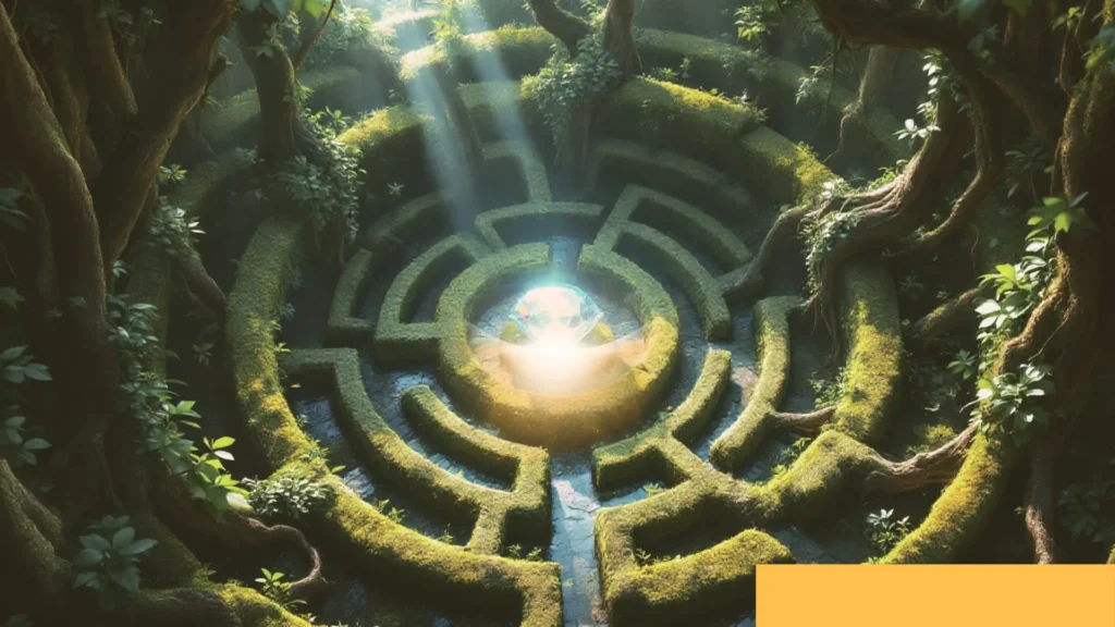Visão aérea de um complexo labirinto orgânico formado por raízes e folhagem em uma floresta escura, com um diamante brilhante no centro, emitindo luz.