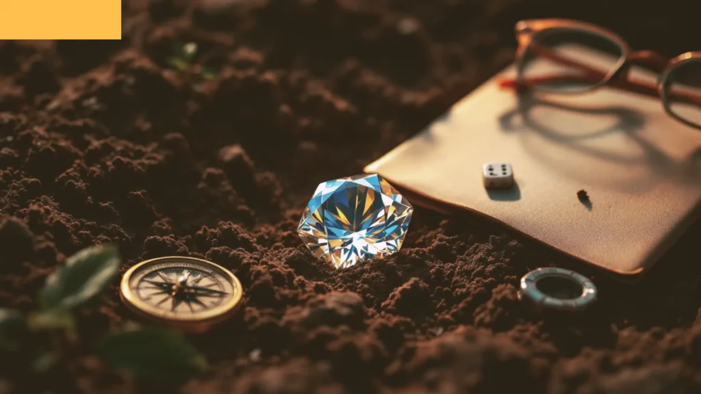 Close-up de um diamante, bússola vintage, pasta de documentos, dado e óculos de grau, todos parcialmente enterrados em solo escuro e iluminados por um foco de luz.