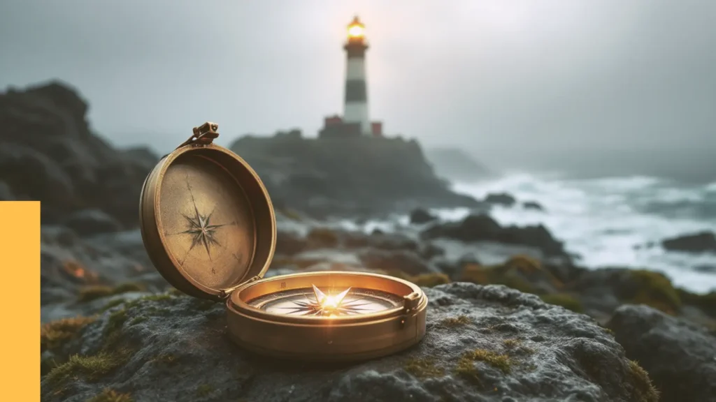 Quer aplicar o método da International Paper? Assim como esta bússola aponta para um norte verdadeiro e o farol ilumina o caminho, você pode encontrar os 'diretores' que impulsionam suas histórias mais valiosas.