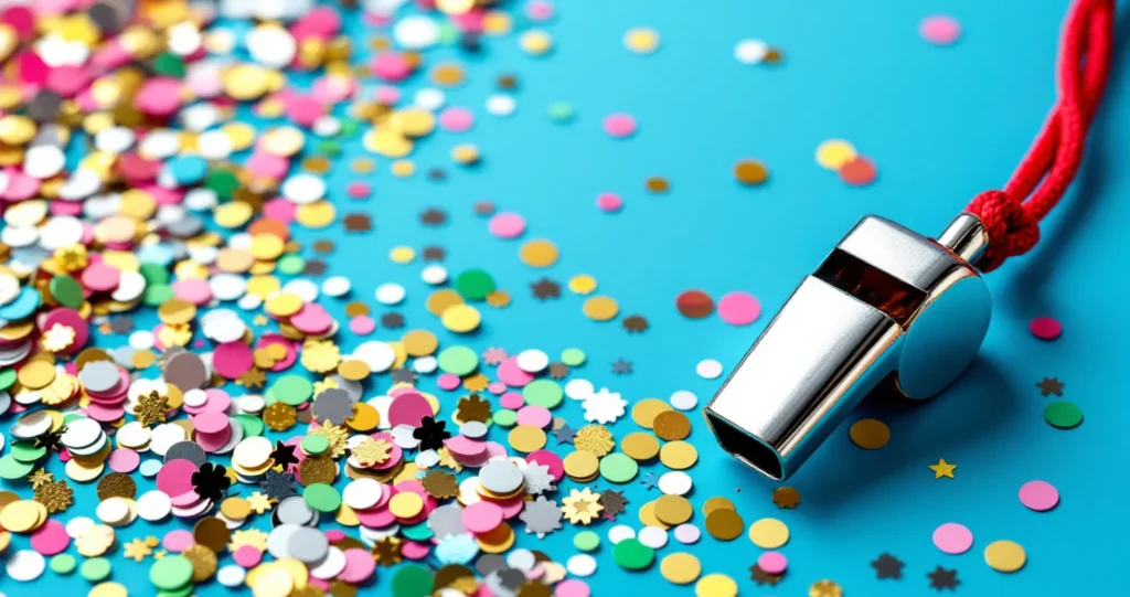 Apito de carnaval rodeado de confetes caracterizando liderança inspiradora